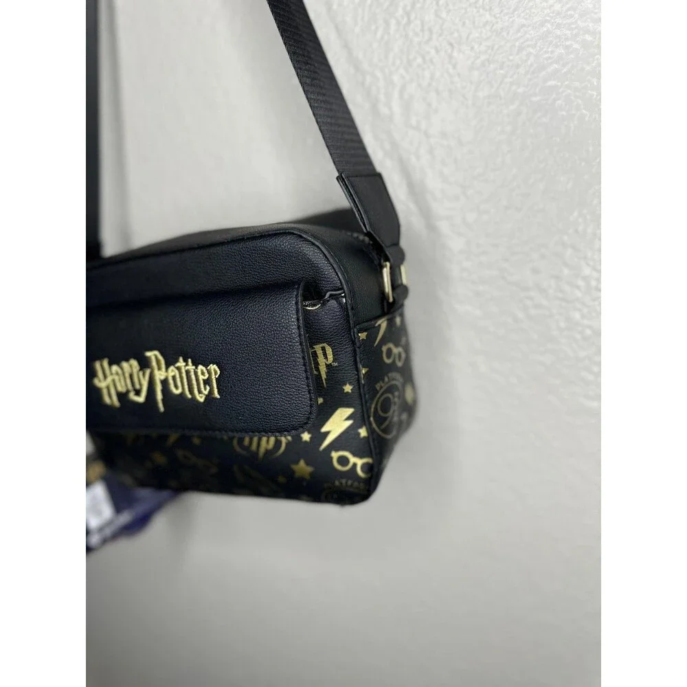 NEW Harry Potter Crossbody Bag Adults Small Black Faux Leather Logo Gold Icons